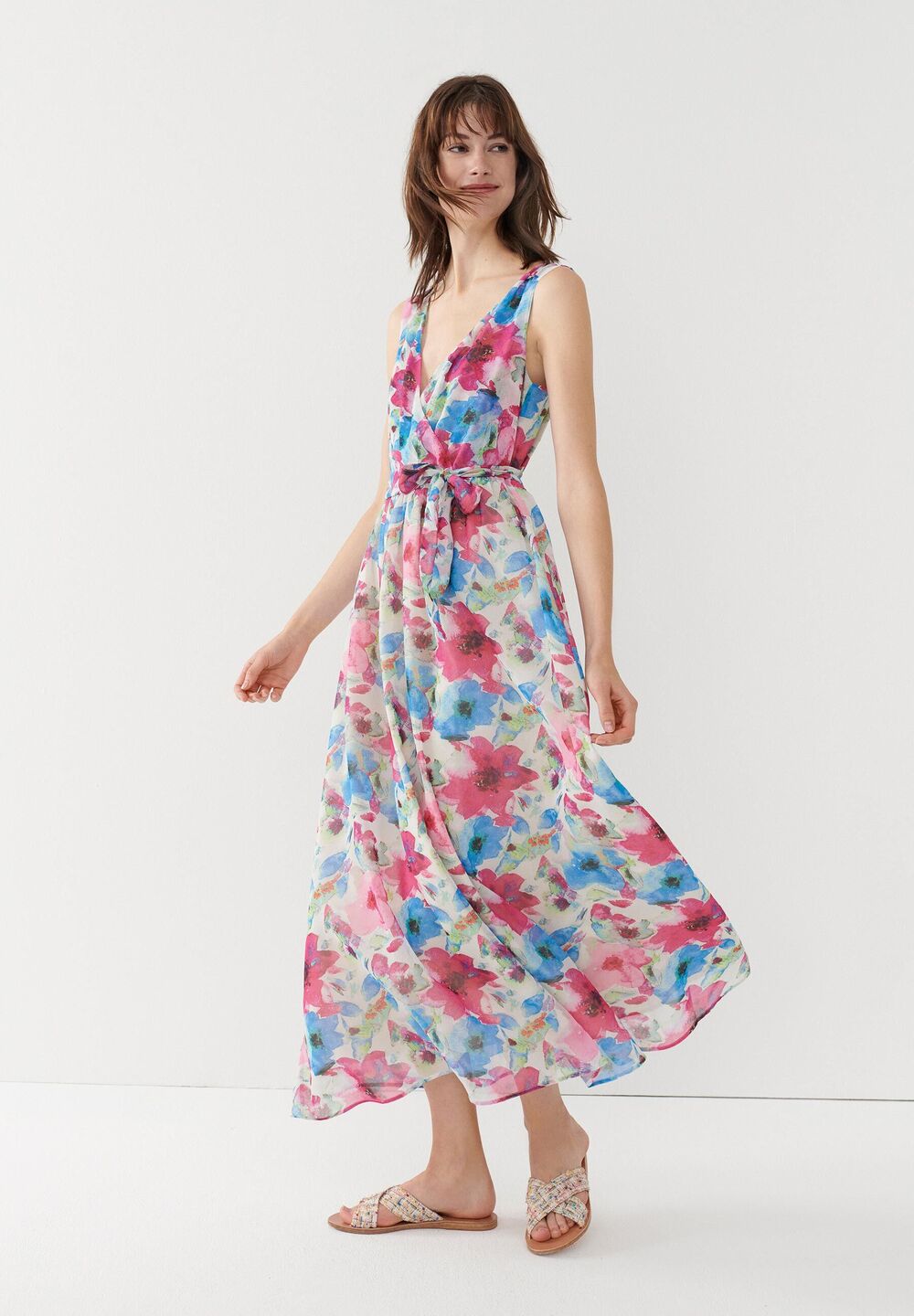 Chiffon Maxikleid, Flowerprint, Sommer-Kollektion, ecru Frontansicht